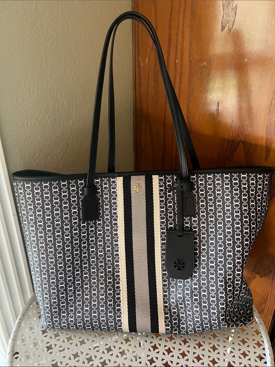 Tory Burch Handbags - Tory Burch Black and White Logo Stripe Tote with Center Accent